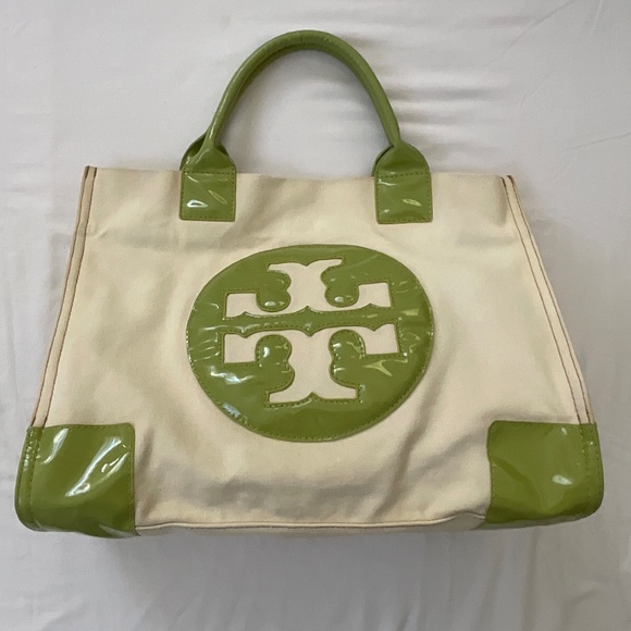 TORY BURCH Vintage Ella Canvas Tote XL Cream/Green
